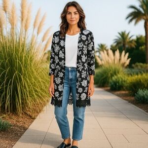 Women’s OneA Long Sweater Size Small Black/White Flowers